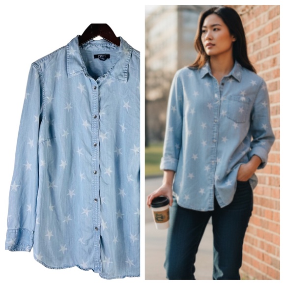 Chaps Tops - Ralph Lauren Chaps Shirt Top Blouse Button Down 2X XXL 18 20 Stars Chambray Blue